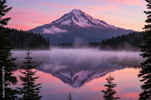 Fototapeta A majestic, snow-capped mountain reflecting on a calm lake surrounded by pine trees at sunrise. The image captures the serene beauty of nature, peace, and landscape.