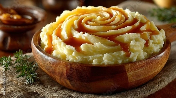 Fototapeta Mashed potatoes in a wooden bowl with gravy on a rustic surface.