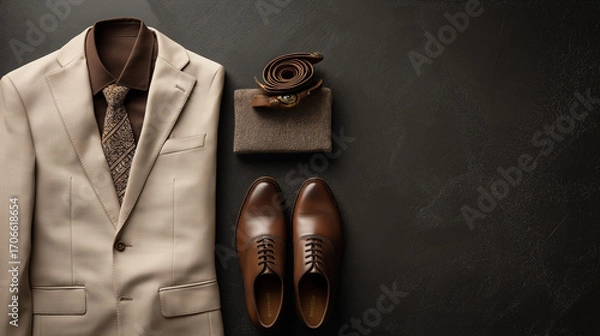 Fototapeta High-end tailoring flat lay: beige suit, tie, polished shoes arranged on dark textured background, luxury menswear branding style