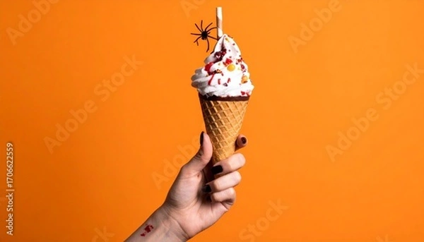 Fototapeta A hand holding a festive ice cream cone with a halloween decoration. The ice cream is topped with candy sprinkles and an adorable spider. A playful and delightful treat for Halloween