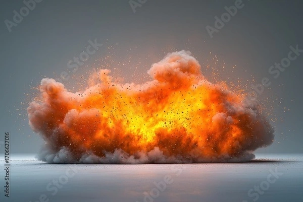 Fototapeta Vibrant orange cloud explosion with floating particles against a gray background