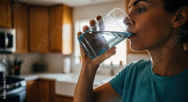 Fototapeta Woman drinks clear water in kitchen with cabinets & blurred appliances