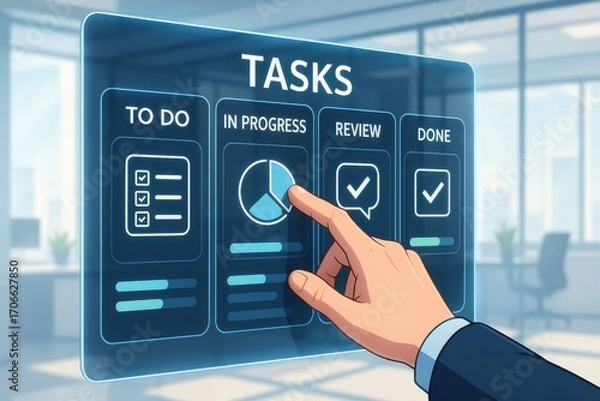 Obraz Modern Digital Task Management Interface with Progress Indicators and Business Setting Background