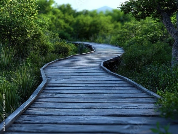Fototapeta Wooden path meanders through lush green vegetation towards distant mountains