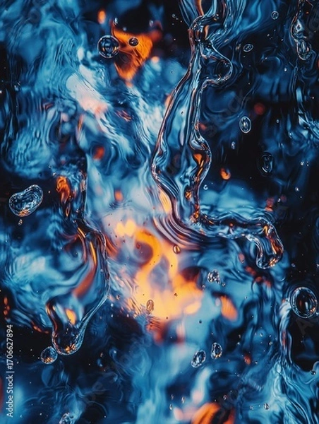 Fototapeta Abstract Blue water swirls around bright orange flames in a dynamic close-up