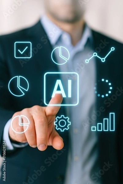 Obraz Business Professional Interacting with Virtual AI Data Analysis Interface in Modern Office Setting