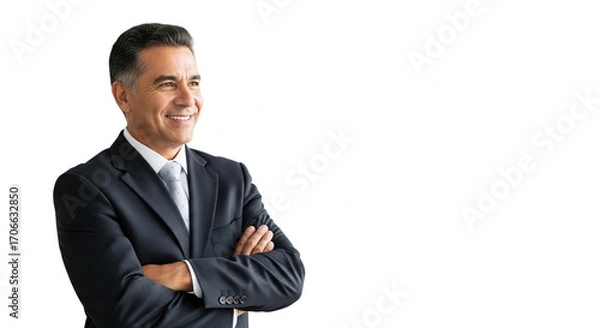 Fototapeta Smiling confident latin hispanic mature business man standing crossed arms isolated on white background. Older senior businessman professional ceo, coach, leader looking aside. Banner, copy space