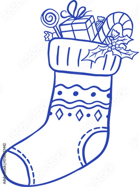 Obraz Hand drawn retro Christmas socks vector illustration. Xmas stocking with a gift in doodle sketch style. Winter decoration