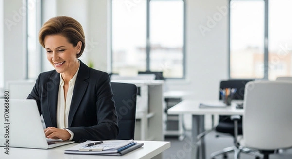 Fototapeta Smiling middle aged business woman using laptop at work in office. Professional female executive entrepreneur in suit working on computer pc at company workplace, doing financial analyze. Copy space