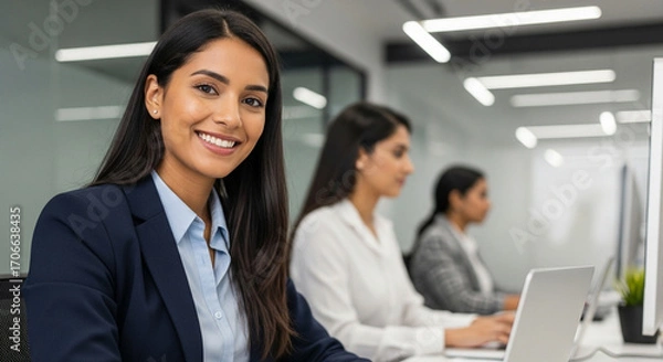 Fototapeta Smiling professional financial specialist latin hispanic business lady working on laptop sitting in office. Middle eastern indian woman using computer technology for work. Vertical portrait at camera