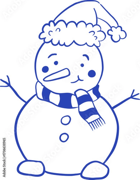Obraz Hand drawn retro snowman wearing a hat and scarf vector illustration. Doodle sketch style. Winter decoration