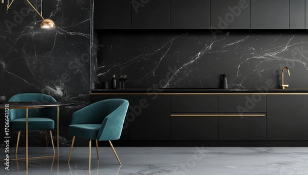 Fototapeta Modern black kitchen with marble accents and teal chairs