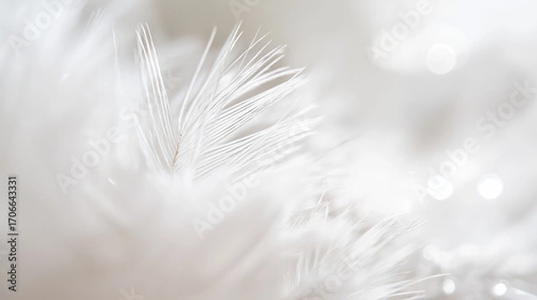 Fototapeta Delicate white feather wing detail, pristine and softly illuminated from above.