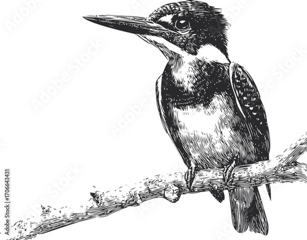 Fototapeta Kingfisher sketch hand drawn perched on branch detailed monochrome illustration — stock vector