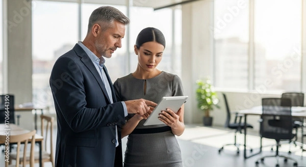 Obraz Team of mature senior leader man in suit and young employee woman discussing project on tablet standing in office. Two colleagues of professional business people looking at screen device. Vertical