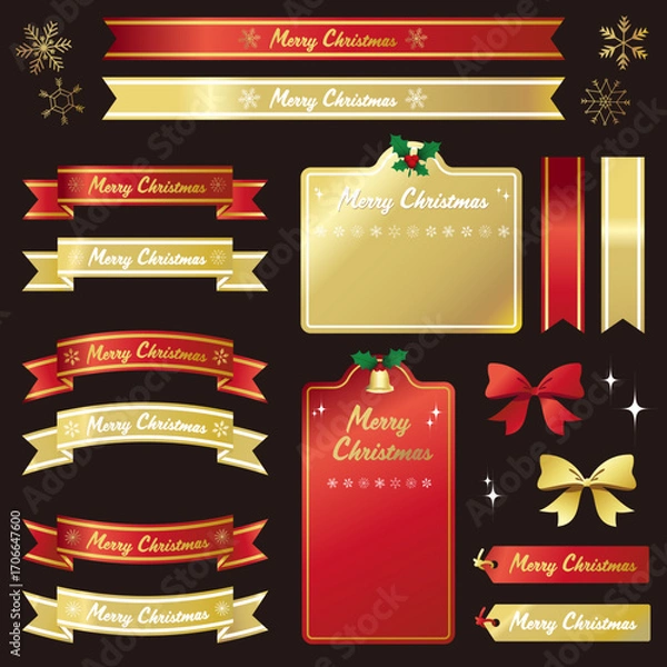 Obraz クリスマスの見出しデザイン素材セット。赤と金のリボン。ベクターイラスト。