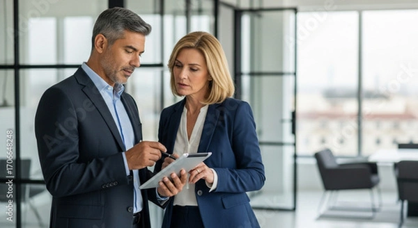 Obraz Vertical portrait of mature Latin businessman and European businesswoman discussing project on tablet in office. Two diverse partners colleagues of confident professional businesspeople work together.