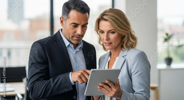 Fototapeta Vertical portrait of mature Latin businessman and European businesswoman discussing project on tablet in office. Two diverse partners colleagues of confident professional businesspeople work together.