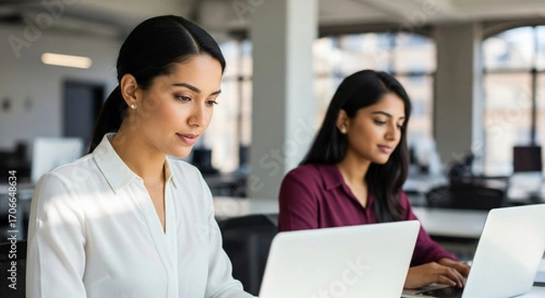 Fototapeta Vertical portrait of professional it specialist latin hispanic business lady working on laptop pc sitting at desk in modern office. Young middle eastern indian woman using computer technology for work