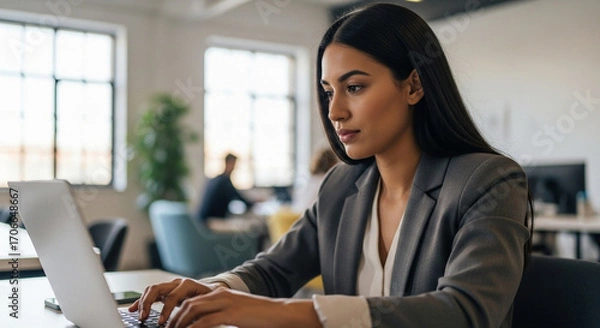 Fototapeta Vertical portrait of professional it specialist latin hispanic business lady working on laptop pc sitting at desk in modern office. Young middle eastern indian woman using computer technology for work