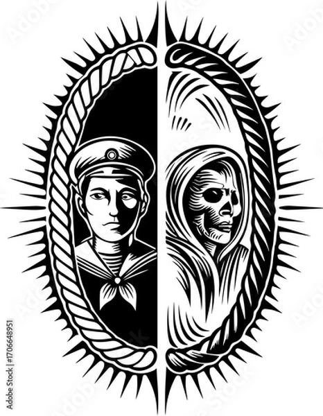 Fototapeta SVG tattoo portraits of ghostly sailors with skull motifs. Duality of Life and Death in Stylized Sailor and Grim Reaper Art