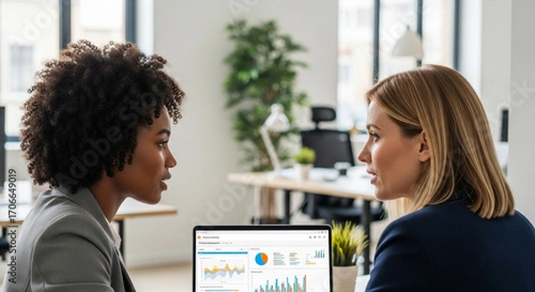Fototapeta Vertical portrait of two businesswoman working together using laptop pc and talking about project. Small creative diversity team of African American and blond female executives meeting work in office.