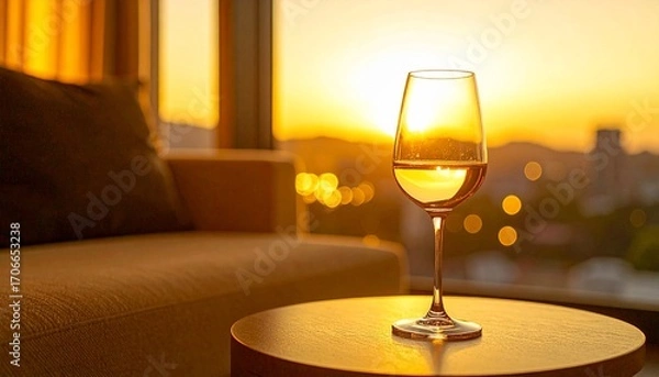 Fototapeta グラスとワイン・夜景のラウンジ
