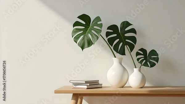 Fototapeta Simple scene with wooden table, white ceramic vase with large green monstera leaves and a pile of books beside it. Soft background, natural light.