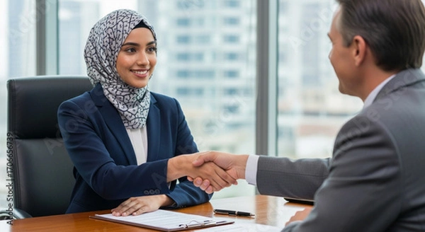 Fototapeta Young muslim bank worker woman in hijab shaking hand with client, hr manager welcome recruit employee. Middle eastern arab businesswoman showing greeting after signing contract with business partner