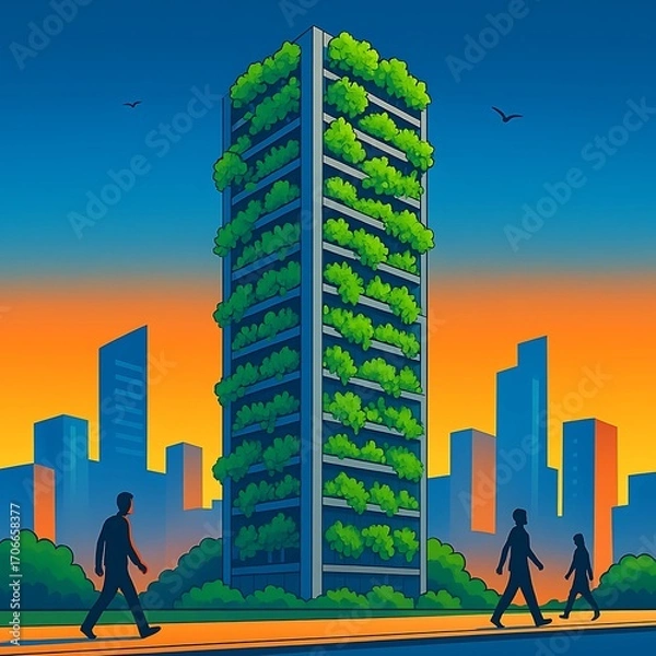 Obraz Eco-conscious urban skyscraper with extensive vertical gardens, symbolizing sustainable architecture and the integration of nature into modern cityscapes for a greener future