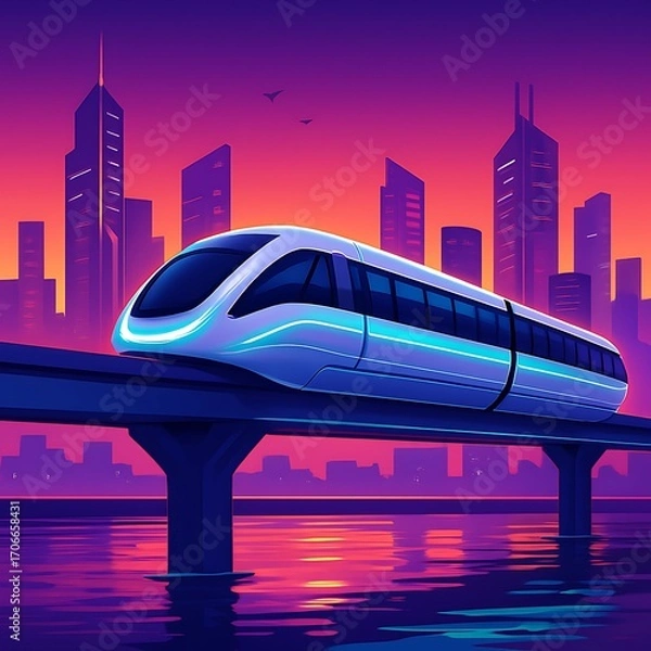 Obraz Sleek futuristic maglev train on elevated track, embodying advanced urban mobility and technological innovation, against a vibrant city skyline at twilight