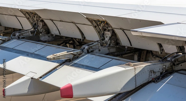 Fototapeta Detailed view of an aircraft's deployed wing flaps.
A detailed, wide-angle shot showing the complex flaps and slats of a modern aircraft wing in a deployed position
