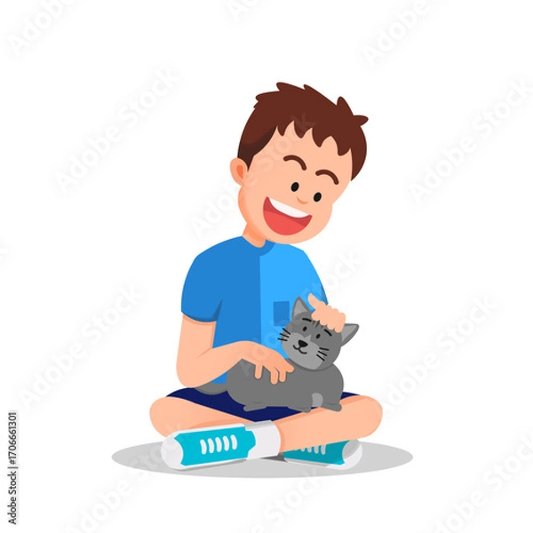 Fototapeta A boy sitting on the floor petting a cat on his lap