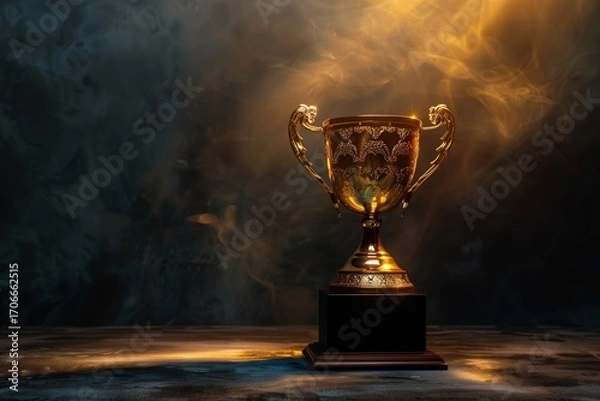 Fototapeta Gold cup trophy placed on pedestal with glowing light, concept of recognition, honor and reward, dark dramatic background.