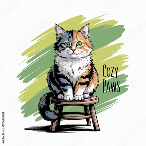 Fototapeta A striking calico cat sits gracefully on a stool against a vibrant green background, embodying cozy charm and evoking feelings of warmth, companionship, and elegance.