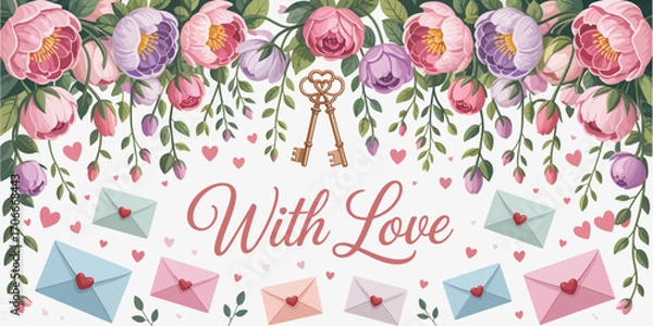 Fototapeta An artistic layout showcases elegant envelopes enveloped by lush florals and heart symbols, representing love, connection, and the beauty of heartfelt messages.