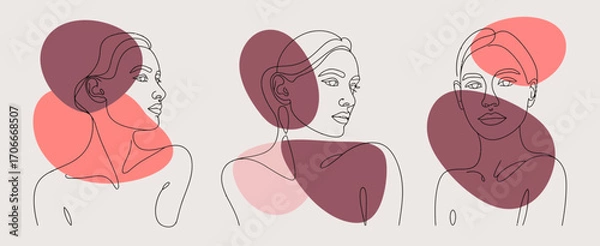 Fototapeta This image showcases three abstract portraits featuring elegant line art, enhanced with colorful overlays to highlight emotional depth and artistic expression.