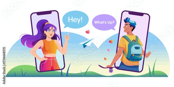 Fototapeta An animated scene featuring two teens engaging in a playful conversation over their smartphones, highlighting the joy and connectivity of youth relationships.