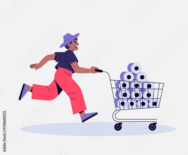 Fototapeta The vibrant image features a charismatic character gleefully pushing a shopping cart full of toilet paper rolls, showcasing enthusiasm and the joy of shopping for essentials.