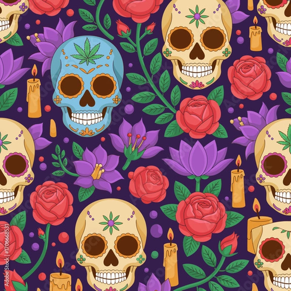 Fototapeta This image showcases a decorative skull motif adorned with rich colors and flora elements, embodying the essence of artistic culture and vibrant celebrations of life.