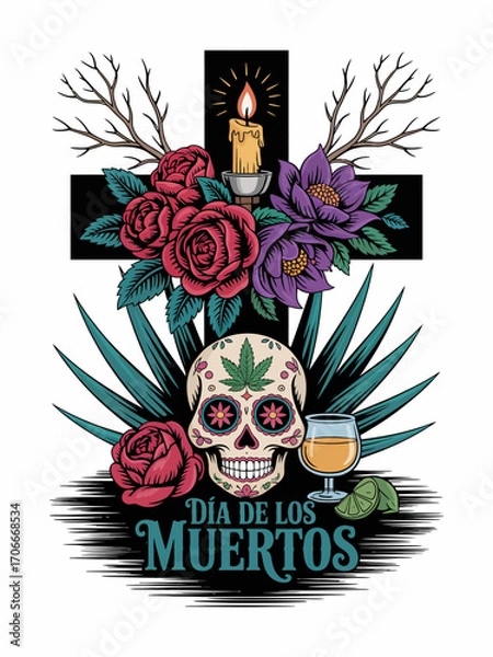 Fototapeta Featuring a beautifully designed skull against a cross backdrop, adorned with roses and surrounded by a drink, this piece captures the spirit of celebration at Día de los Muertos.
