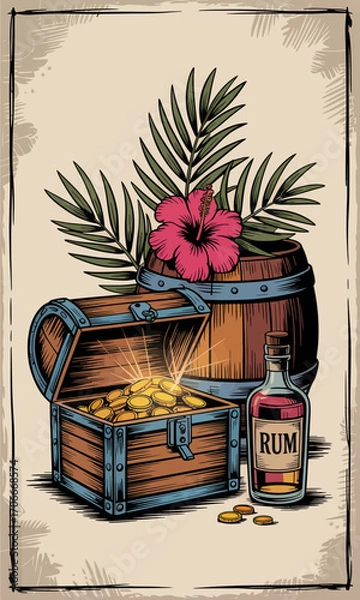 Fototapeta This dynamic artwork showcases a gleaming treasure chest filled with coins, a bottle of rum, and a bright flower, all set against a backdrop of lush greenery.