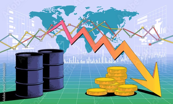 Fototapeta The artwork shows a market analysis with barrels and coins, representing the impact of declining oil prices on global finance, featuring graphs and a world map.