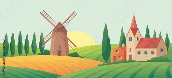 Fototapeta This colorful artwork presents a charming countryside scene with a windmill, church, and vibrant fields, evoking feelings of nostalgia and tranquility in a rural setting.