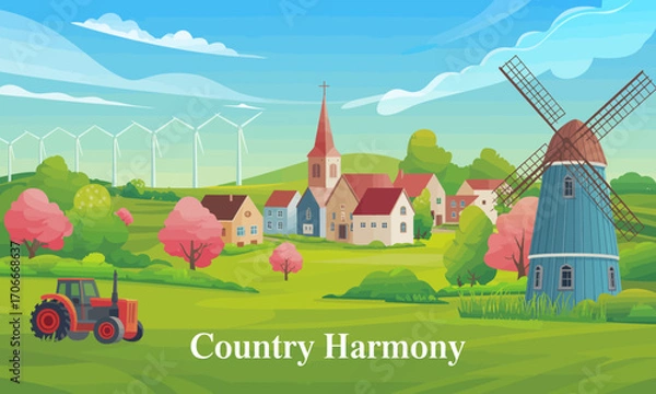 Fototapeta A vibrant country landscape showcasing a red tractor, a traditional windmill, and a charming church, surrounded by colorful trees and fields on a sunny day.