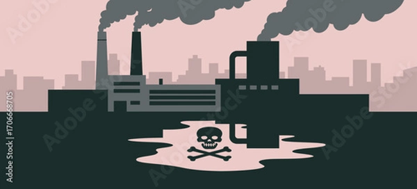 Fototapeta This illustration shows a stark landscape of factories, belching smoke above dark waters that bear a skull symbol, highlighting concerns about environmental damage.