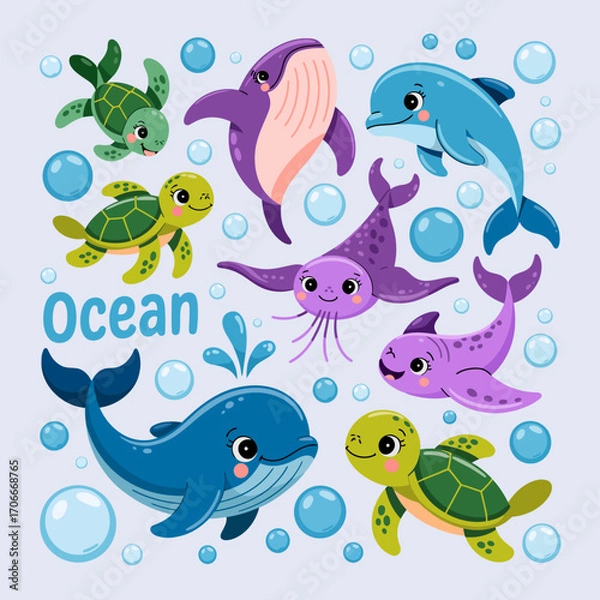 Fototapeta A delightful collection of cute marine creatures including whales, dolphins, and turtles surrounded by bubbles captures a joyful and playful ocean atmosphere.