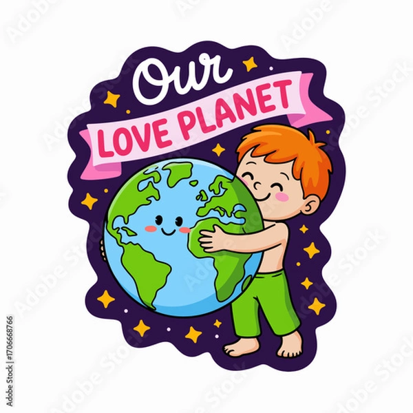 Fototapeta A bright and cheerful design featuring a child embracing the planet happily, symbolizing love for Earth and the joy of a healthy environment for future generations.