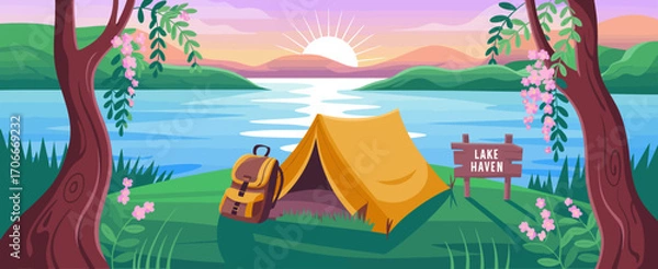 Fototapeta An inviting camping scene where a bright orange tent rests beside a lake at sunset, complete with a signpost and blossoming flora, perfect for nature lovers.