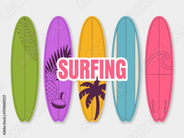 Fototapeta This eye-catching image displays an array of creatively designed surfboards showcasing unique patterns and vibrant colors, encapsulating the essence of summer fun at the beach.
